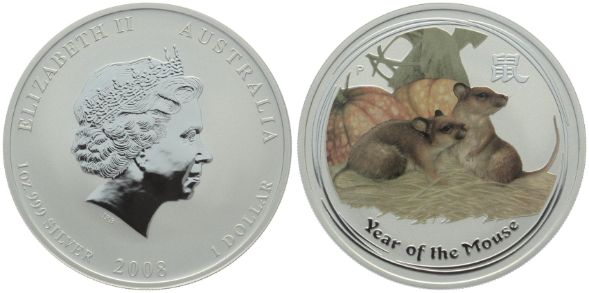 Australien 1 Dollar 2008 Maus - 1 Unze Feinsilber - coloriert